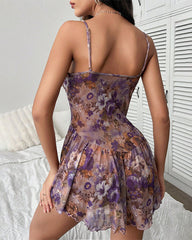Floral Print Mesh Cami Nightdress with Frill Trim