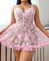 Plus Size Sexy Lace Mesh Sheer Babydoll Set with Panty