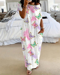 Casual Printed Maxi Dress with Short Sleeves, Crew Neck & Pockets