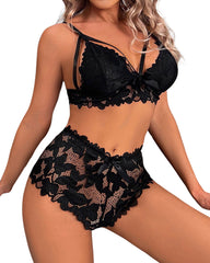 Cut Out Push Up Lace Bra & Bow Front Sheer Panty Set,Adjustable Strap Lingerie Set