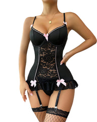 Floral Lace Underwire Garter Bustier Corset Set With G-string