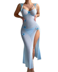 Sexy See-Through Mesh High Slit Halter Dress