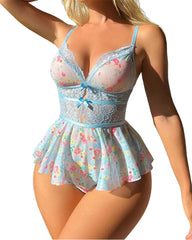Sexy Floral Lace Mesh Babydoll Romper with Bows
