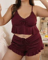 Sexy Plus Size Ruffle Strap Pajama Set – Camisole & Shorts