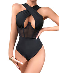 Sexy Halter Neck Bodysuit with Criss-Cross Design for Women
