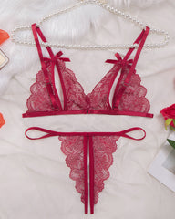 Sexy 2-Piece Lace Lingerie Set – Sheer Floral Design with Bows
