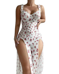 Printed Open-Back Nightdress with High Slit & Bust Support