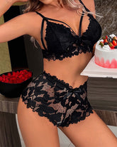 Cut Out Push Up Lace Bra & Bow Front Sheer Panty Set,Adjustable Strap Lingerie Set