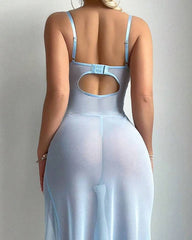 Sexy See-Through Mesh High Slit Halter Dress