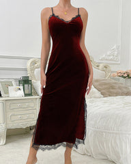 Sexy Deep V Backless Velvet Lace Nightgown