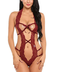 Sexy Lace Deep V Halter One-Piece Bodysuit