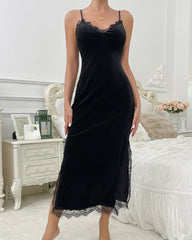 Sexy Deep V Backless Velvet Lace Nightgown