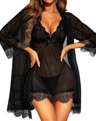 Sexy 3-Piece Lingerie Set for Women – Mesh Kimono Robe & Lace Babydoll Dress