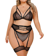 Sexy Plus Size Mesh Hollow 3-Piece Set – Elastic Fit with Leg Loops