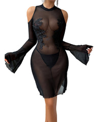 Mesh Embroidered Long Sleeves Mini Dress