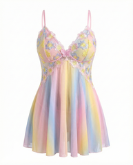 Plus Size Rainbow Ombre Camisole Nightgown – Backless & Floral Mesh Design