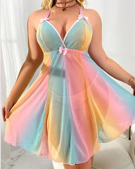 Plus Size Lace & Rainbow Sheer Mesh Nightdress Set with Thong