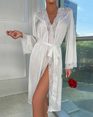 Sexy Long Sleeve Satin Lace Robe