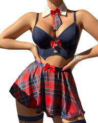 Sexy Student Uniform Lingerie Set with Plaid Tie & A-Line Skirt