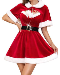 Sexy Christmas Red Dress with Low Neckline & Plush Cape for Holiday Parties