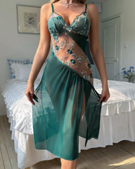 Sexy Sheer Mesh Nightgown – Floral Embroidery Babydoll