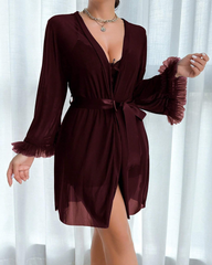 Lace Cami Nightgown & Floral Lace Trim Wide Sleeve Sheer Robe
