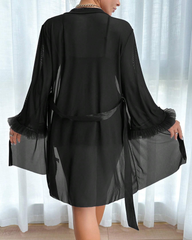 Lace Cami Nightgown & Floral Lace Trim Wide Sleeve Sheer Robe