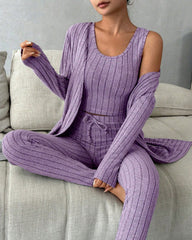 Women's Solid Ribbed Tank Top & Pants & Open Front Long Sleeve Outwear