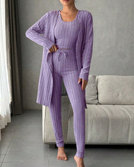 Women's Solid Ribbed Tank Top & Pants & Open Front Long Sleeve Outwear