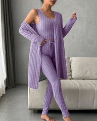 Women's Solid Ribbed Tank Top & Pants & Open Front Long Sleeve Outwear