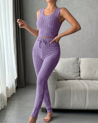 Women's Solid Ribbed Tank Top & Pants & Open Front Long Sleeve Outwear