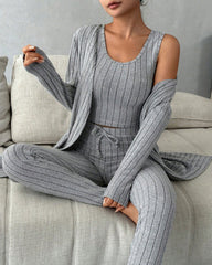 Women's Solid Ribbed Tank Top & Pants & Open Front Long Sleeve Outwear