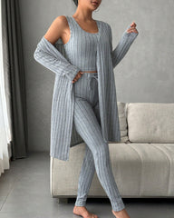 Women's Solid Ribbed Tank Top & Pants & Open Front Long Sleeve Outwear