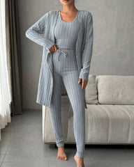 Women's Solid Ribbed Tank Top & Pants & Open Front Long Sleeve Outwear