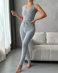 Women's Solid Ribbed Tank Top & Pants & Open Front Long Sleeve Outwear