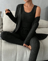 Women's Solid Ribbed Tank Top & Pants & Open Front Long Sleeve Outwear