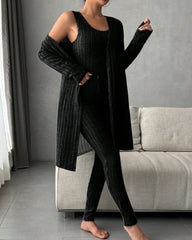 Women's Solid Ribbed Tank Top & Pants & Open Front Long Sleeve Outwear