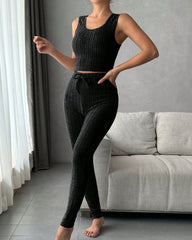 Women's Solid Ribbed Tank Top & Pants & Open Front Long Sleeve Outwear