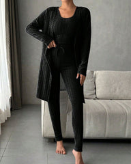 Women's Solid Ribbed Tank Top & Pants & Open Front Long Sleeve Outwear