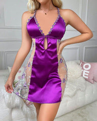 Sexy V-Neck Sling Nightdress with Cross-Back & Embroidered Details