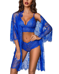Women’s 3-Piece Sexy Lace Lingerie Set with Robe – Bra & Panty Nightwear
