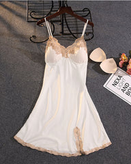 Sexy Contrast Lace V-Neck Satin Babydoll Nightgown