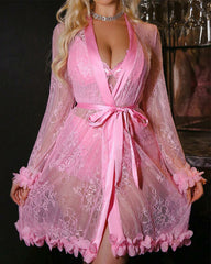 Sexy French-Style Sheer Lace Lingerie Set – Camisole, Shorts & Robe