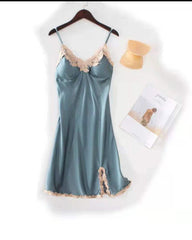 Sexy Contrast Lace V-Neck Satin Babydoll Nightgown