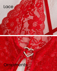 Valentine’s Day Sexy Lace Bodysuit with Heart Rhinestone & Criss-Cross Back