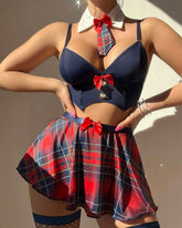 Sexy Student Uniform Lingerie Set with Plaid Tie & A-Line Skirt