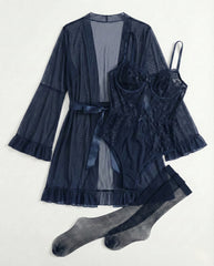 5-Piece Sexy Lingerie Set– Cut-Out Bodysuit + Robe + Belt + 2 Socks