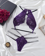 Purple sexy halter neck lace see-through lingerie set
