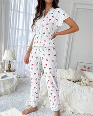 Women’s Cherry Print Loungewear Set with Lace Trim