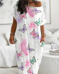 Casual Printed Maxi Dress with Short Sleeves, Crew Neck & Pockets
